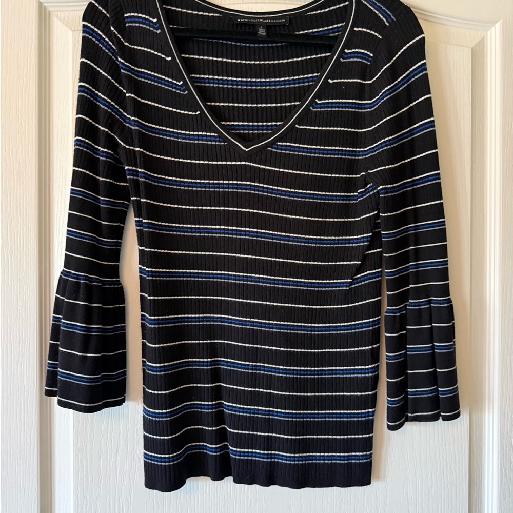 White House Black Market Women's Black Striped V-Neck Bell Sleeve Top